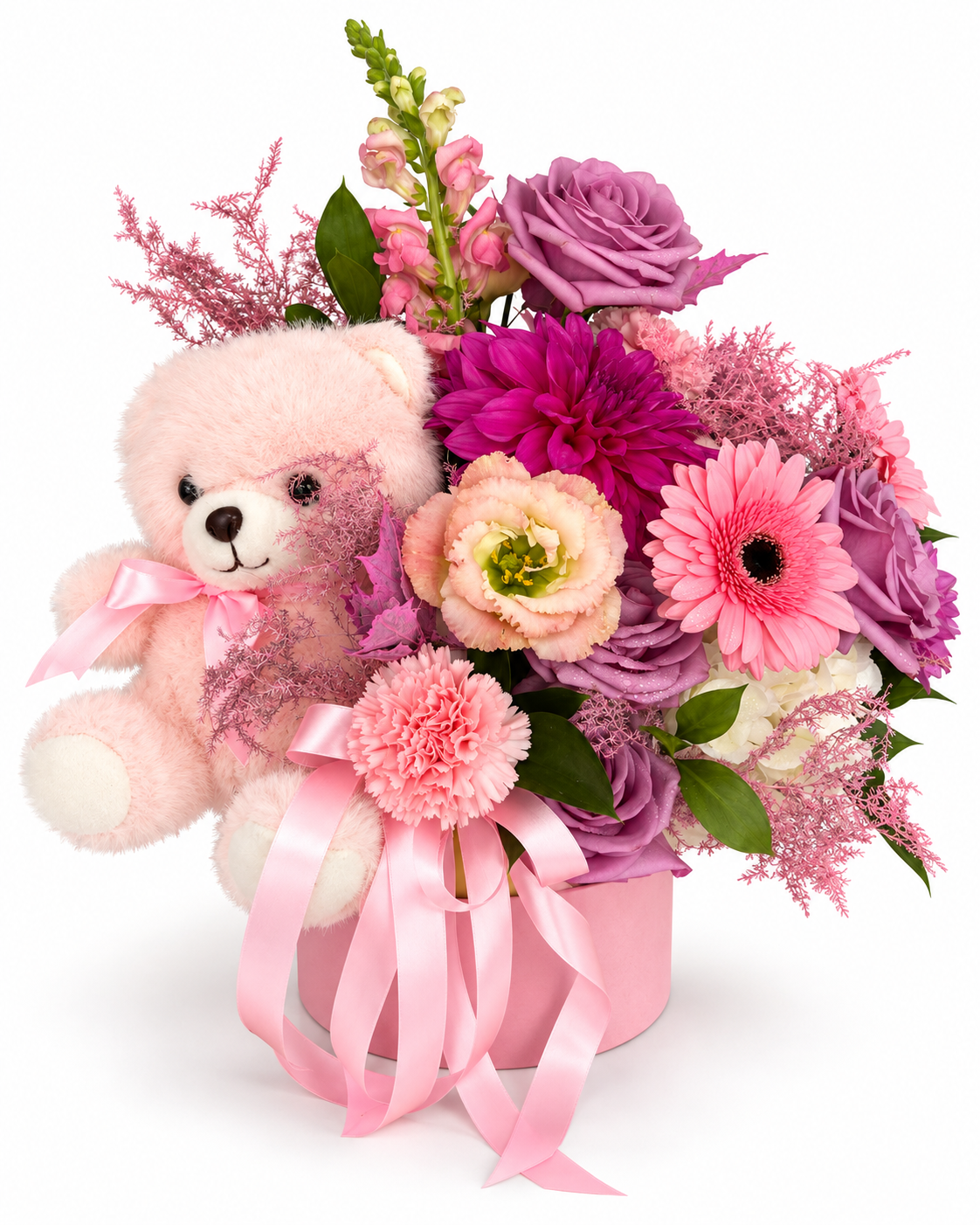 Aranjament floral personalizat roz cu ursuleț de pluș
