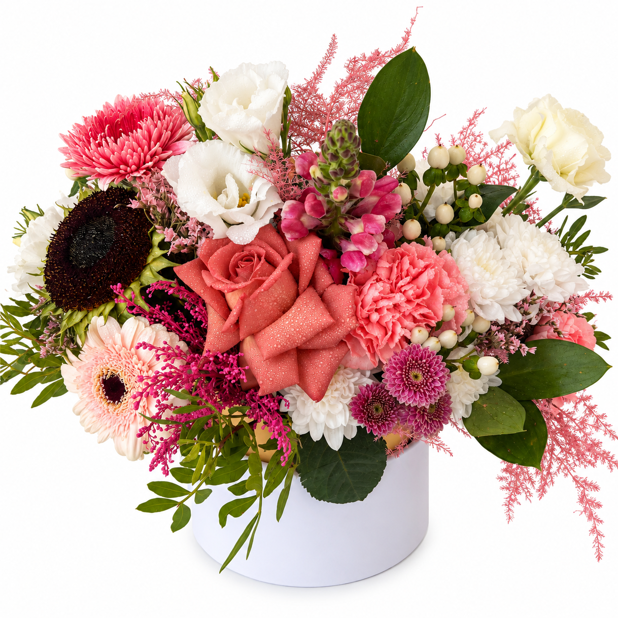 Aranjament floral personalizat în cutie albă, în nuanțe de roz și alb
