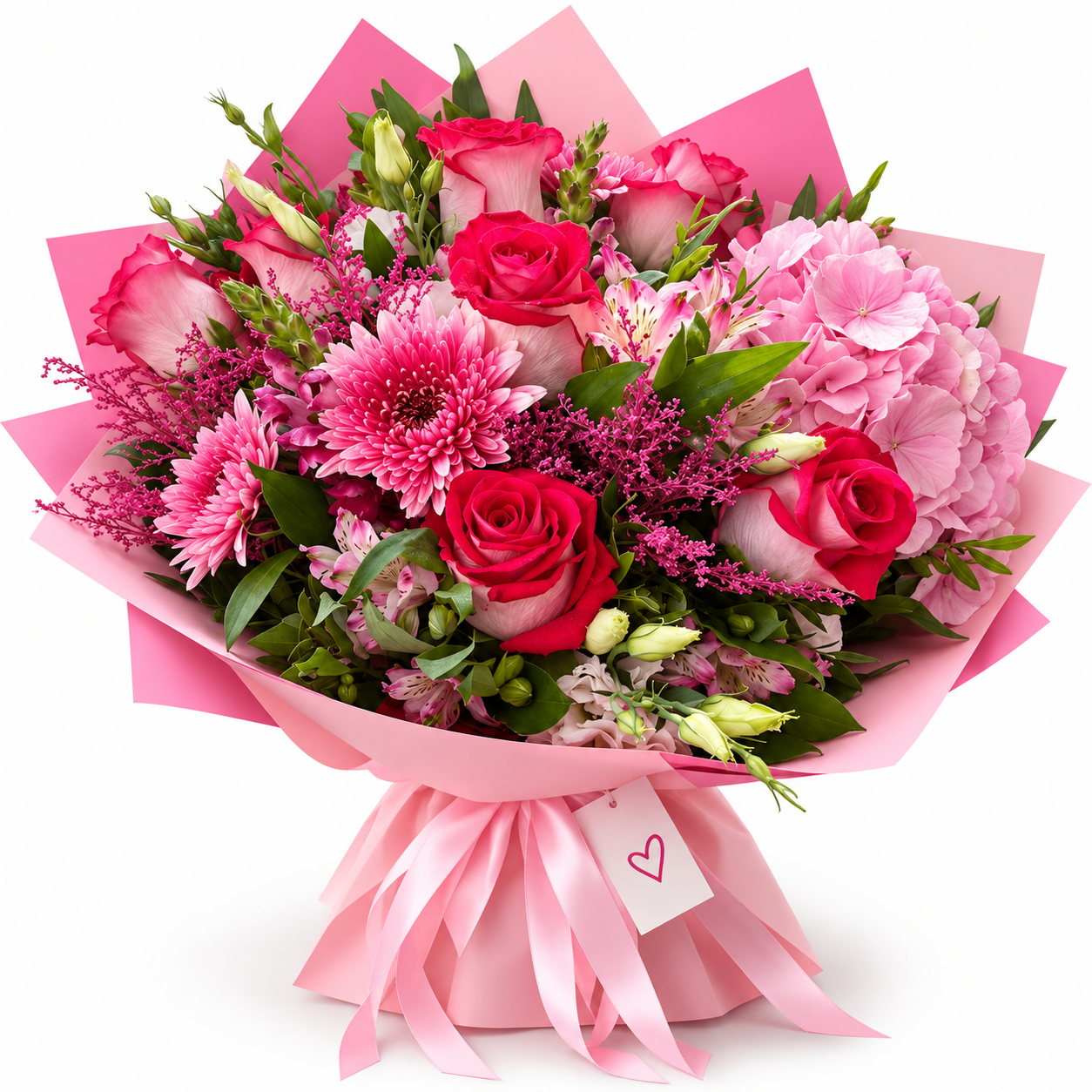 Buchet personalizat cu trandafiri și hortensii în nuanțe de roz