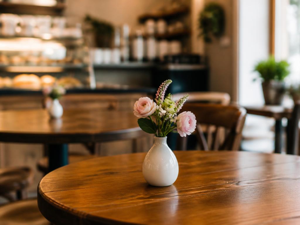 Aranjamente florale mici pe mesele unui restaurant