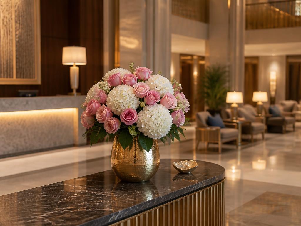 Aranjament floral mare în lobby-ul unui hotel