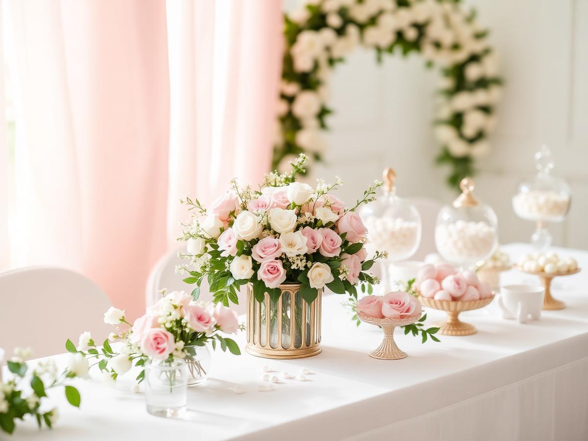 Decor floral pentru zona de candy bar la botez