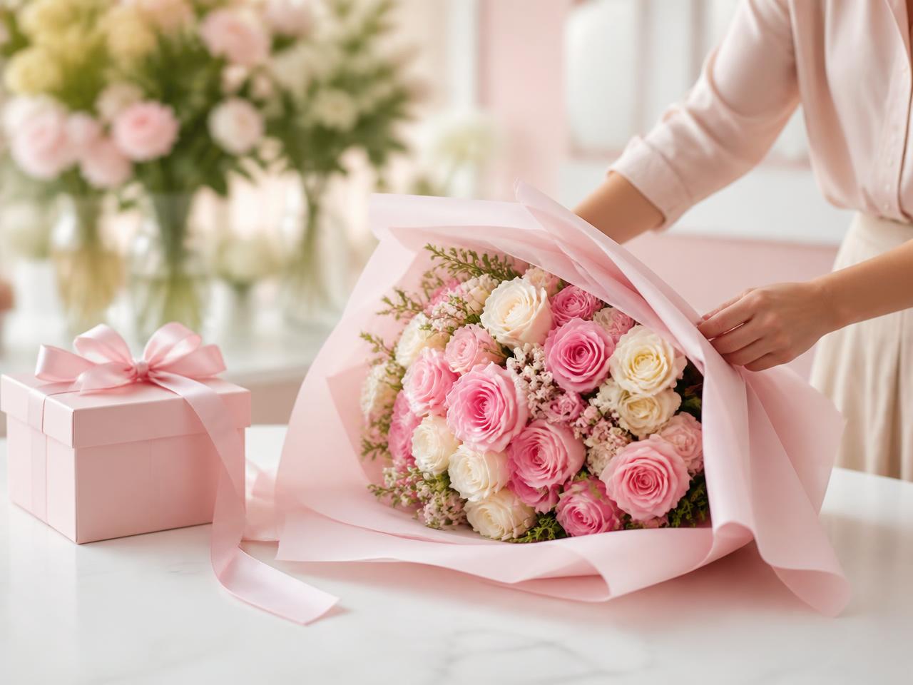 Buchet de trandafiri roz pregătit pentru livrare